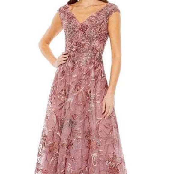 NWT MAC DUGGAL EMBROIDERED ILLUSION CAP SLEEVED A LINE LONG DRESS PINK 20263 - Picture 2 of 7